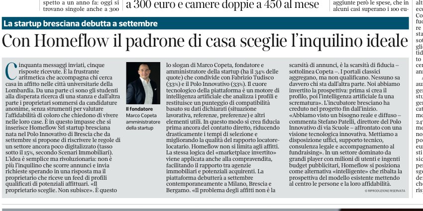 Ritaglio articolo Corriere della Sera su Homeflow