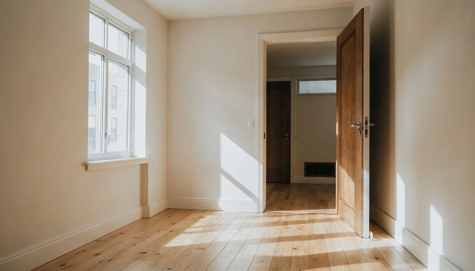 Stanza vuota e luminosa di un appartamento durante una visita, con pavimento in legno e porta aperta