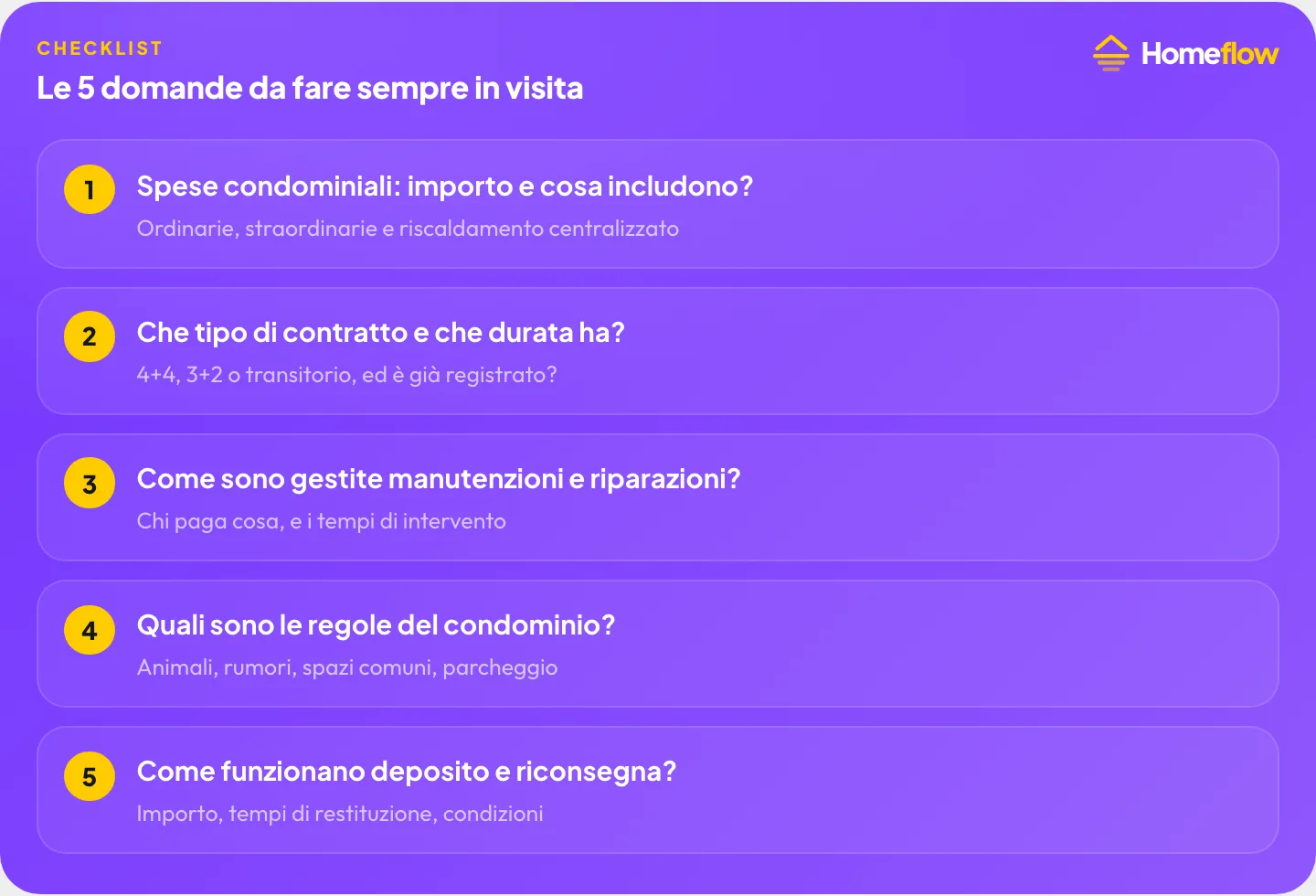 Le 5 domande da fare sempre in visita: spese condominiali, tipo di contratto, manutenzioni, regole del condominio, deposito cauzionale Le 5 domande da fare sempre in visita: spese condominiali, tipo di contratto, manutenzioni, regole del condominio, deposito cauzionale