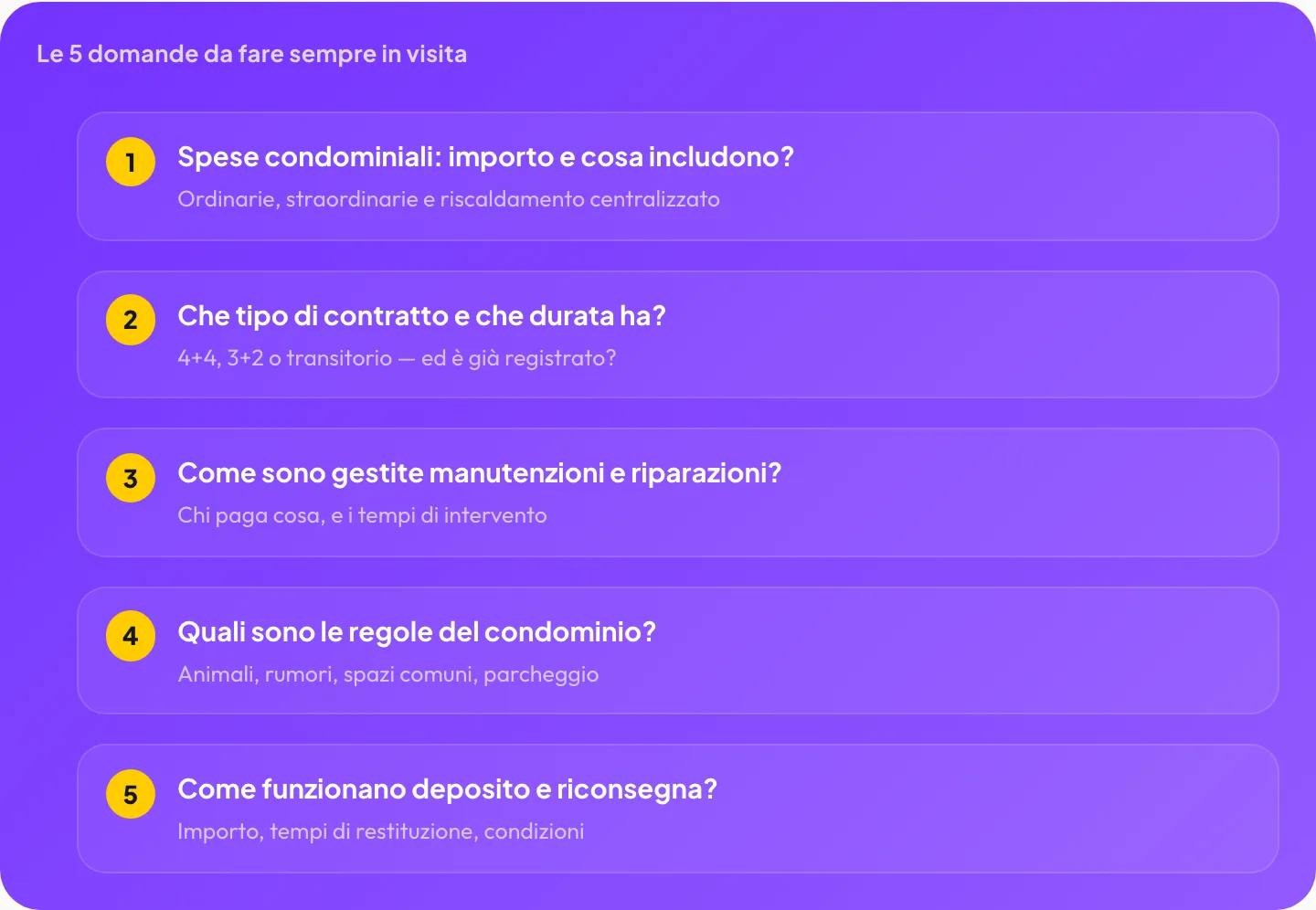 Le 5 domande da fare sempre in visita: spese condominiali, tipo di contratto, manutenzioni, regole del condominio, deposito cauzionale
