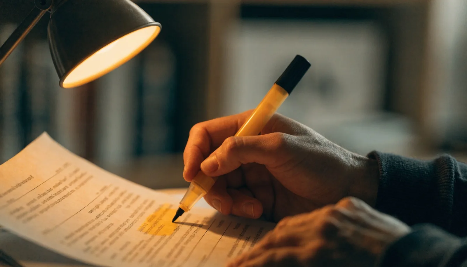 Mani che leggono un contratto d'affitto con un evidenziatore, luce calda da lampada da scrivania