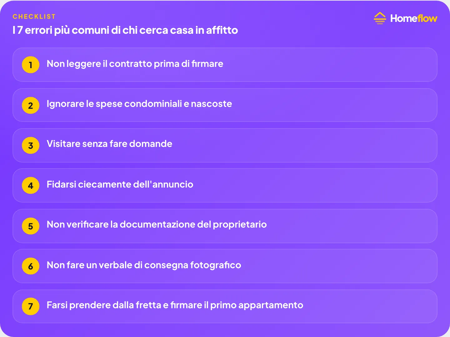 I 7 errori più comuni di chi cerca casa in affitto: contratto, spese condominiali, domande in visita, annuncio, documentazione proprietario, verbale di consegna, fretta