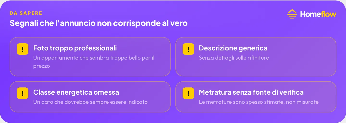 Segnali che un annuncio di affitto non corrisponde al vero: foto troppo professionali, descrizione generica, classe energetica omessa, metratura senza verifica