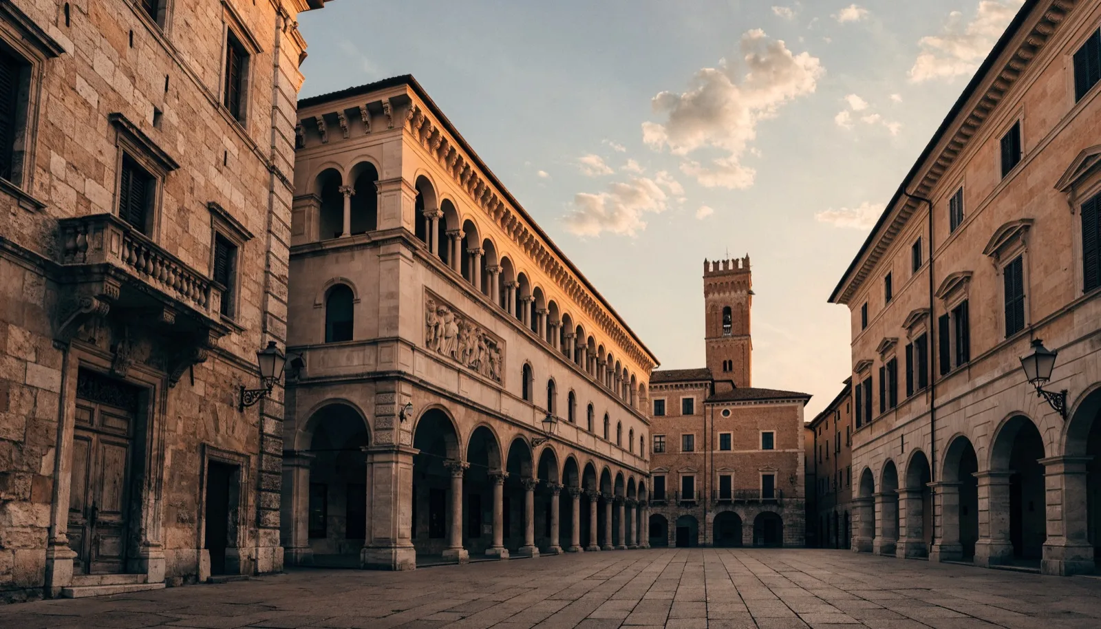 Piazza della Loggia a Brescia in una luce serale calda