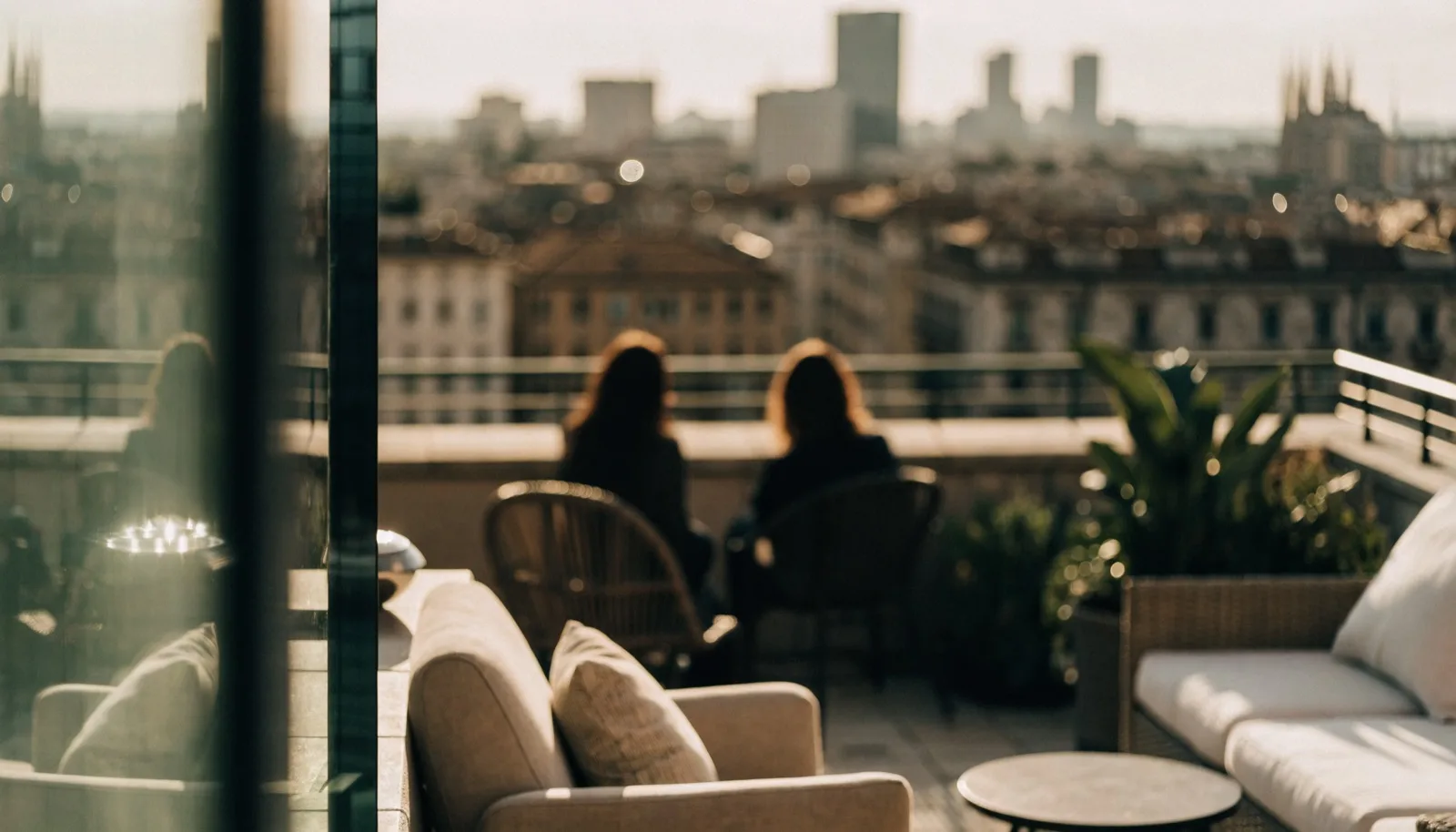 Terrazza di un edificio moderno a Milano al tramonto con lo skyline della città sullo sfondo