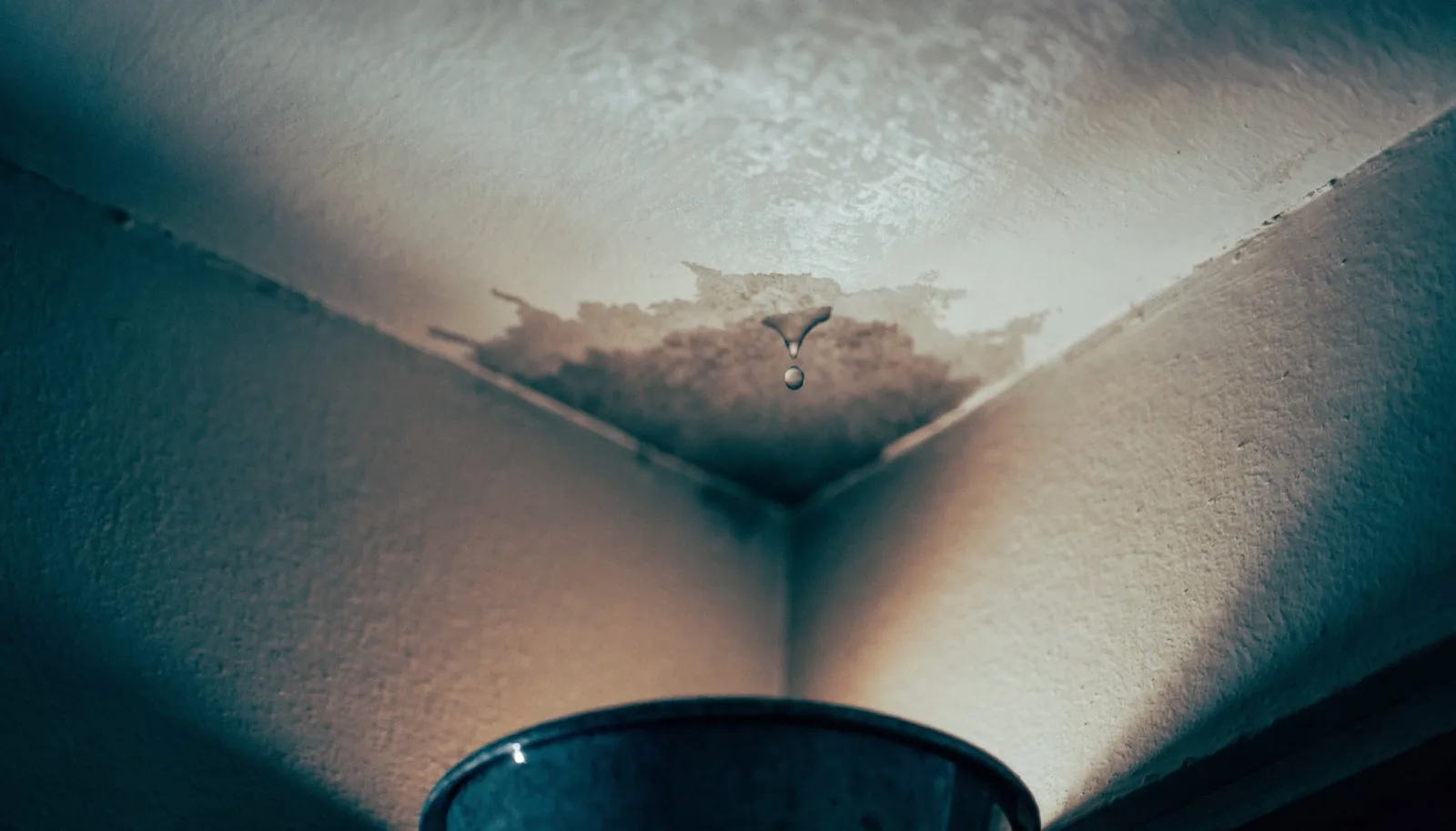 Primo piano di una macchia d'acqua su un angolo del soffitto con un secchio che raccoglie le gocce