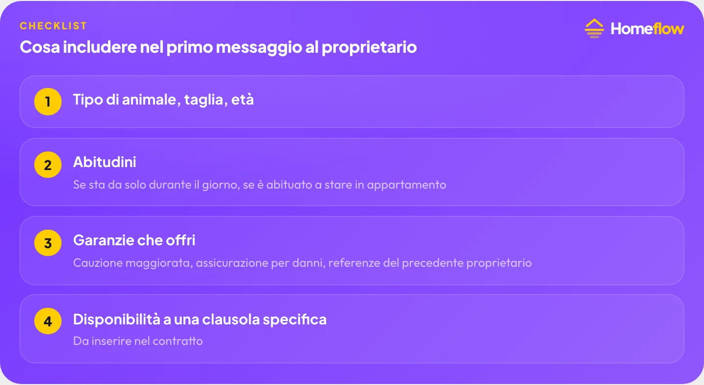 Cosa includere nel primo messaggio al proprietario per affittare con un animale: tipo e taglia, abitudini, garanzie offerte, clausola nel contratto