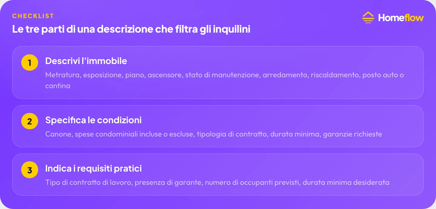 Le tre parti di una descrizione che filtra gli inquilini: descrivi l’immobile, specifica le condizioni, indica i requisiti pratici Le tre parti di una descrizione che filtra gli inquilini: descrivi l’immobile, specifica le condizioni, indica i requisiti pratici