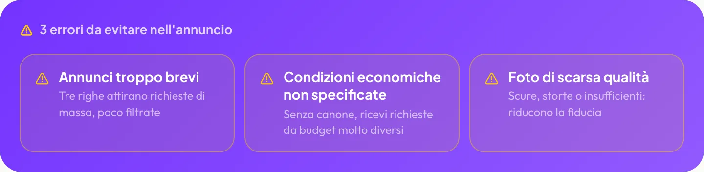 3 errori da evitare nell’annuncio: annunci troppo brevi, condizioni economiche non specificate, foto di scarsa qualità