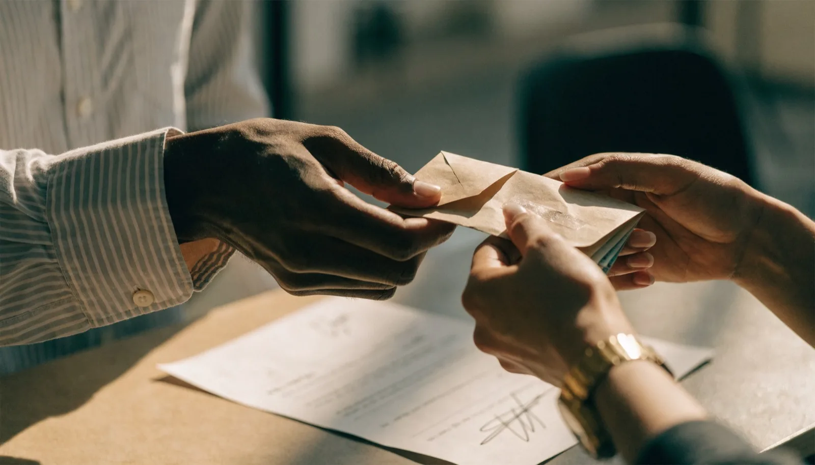 Mani che scambiano una piccola busta con del denaro sopra un contratto d'affitto firmato