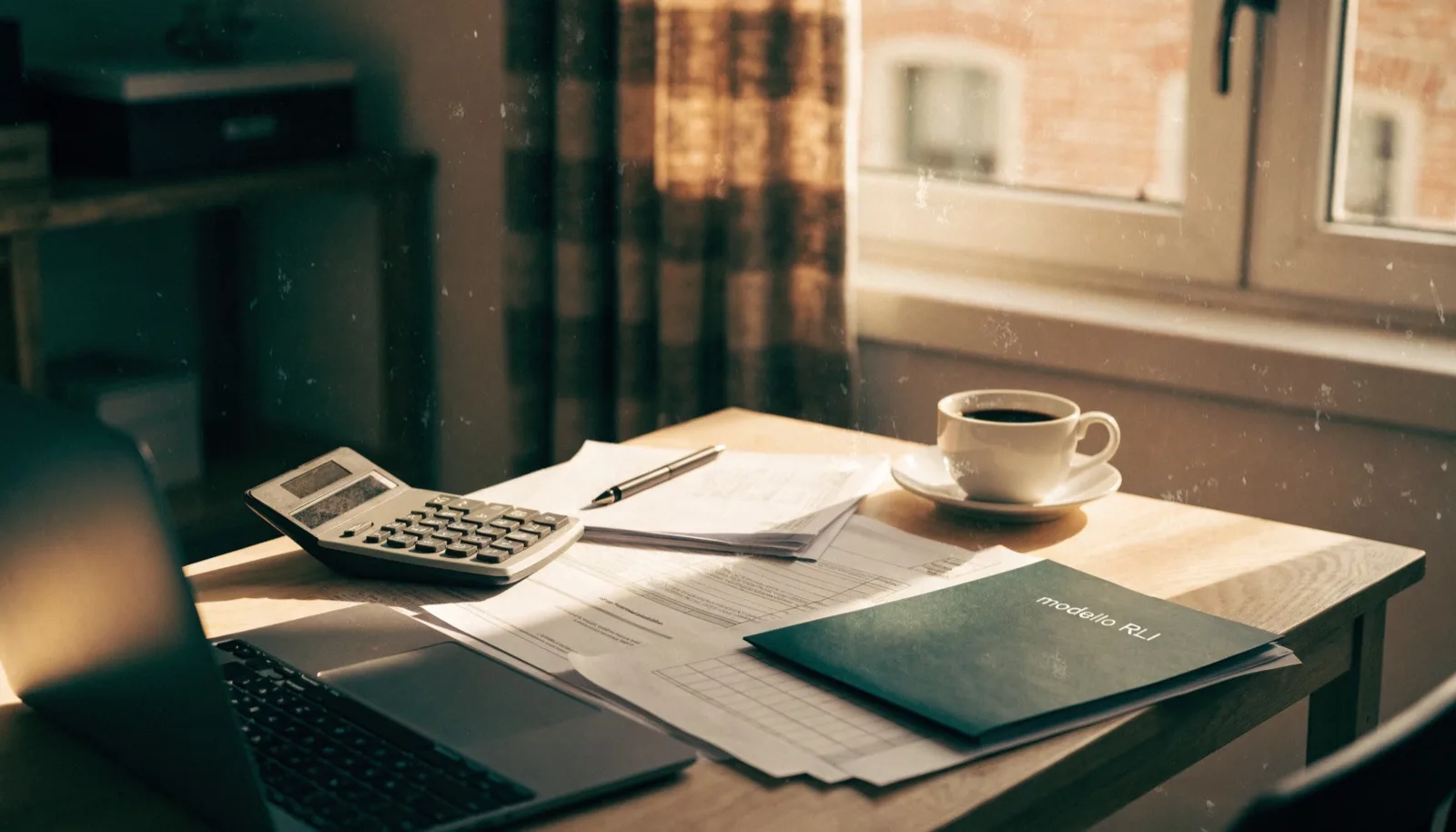 Scrivania con documenti fiscali, laptop e calcolatrice in un ufficio domestico