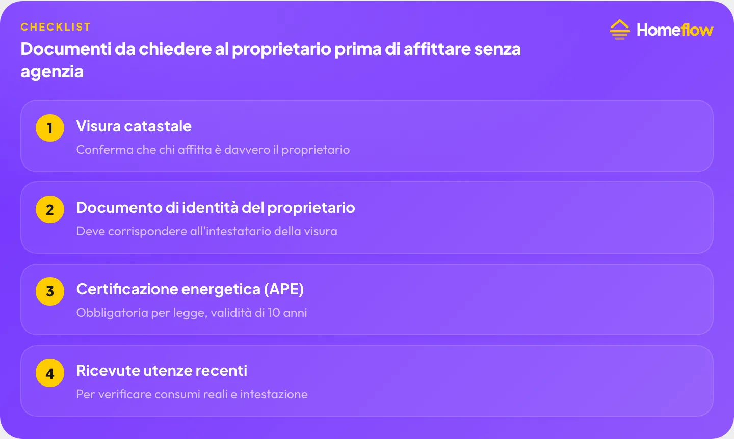 Documenti da chiedere al proprietario prima di affittare senza agenzia: visura catastale, documento di identità, certificazione energetica APE, ricevute utenze recenti Documenti da chiedere al proprietario prima di affittare senza agenzia: visura catastale, documento di identità, certificazione energetica APE, ricevute utenze recenti