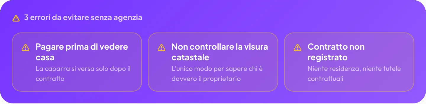 3 errori da evitare senza agenzia: pagare prima di vedere casa, non controllare la visura catastale, contratto non registrato
