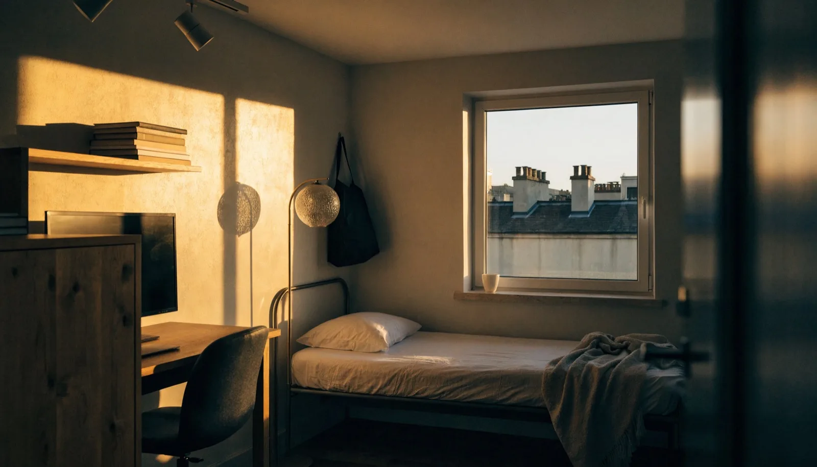 Stanza compatta e moderna a Milano con letto vicino a una finestra affacciata sui tetti, luce serale