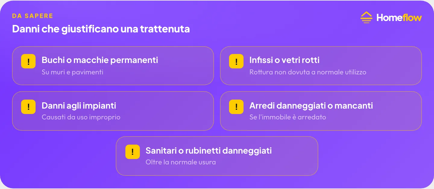 Danni che giustificano una trattenuta sulla caparra: buchi o macchie permanenti, infissi rotti, danni agli impianti, arredi danneggiati, sanitari danneggiati