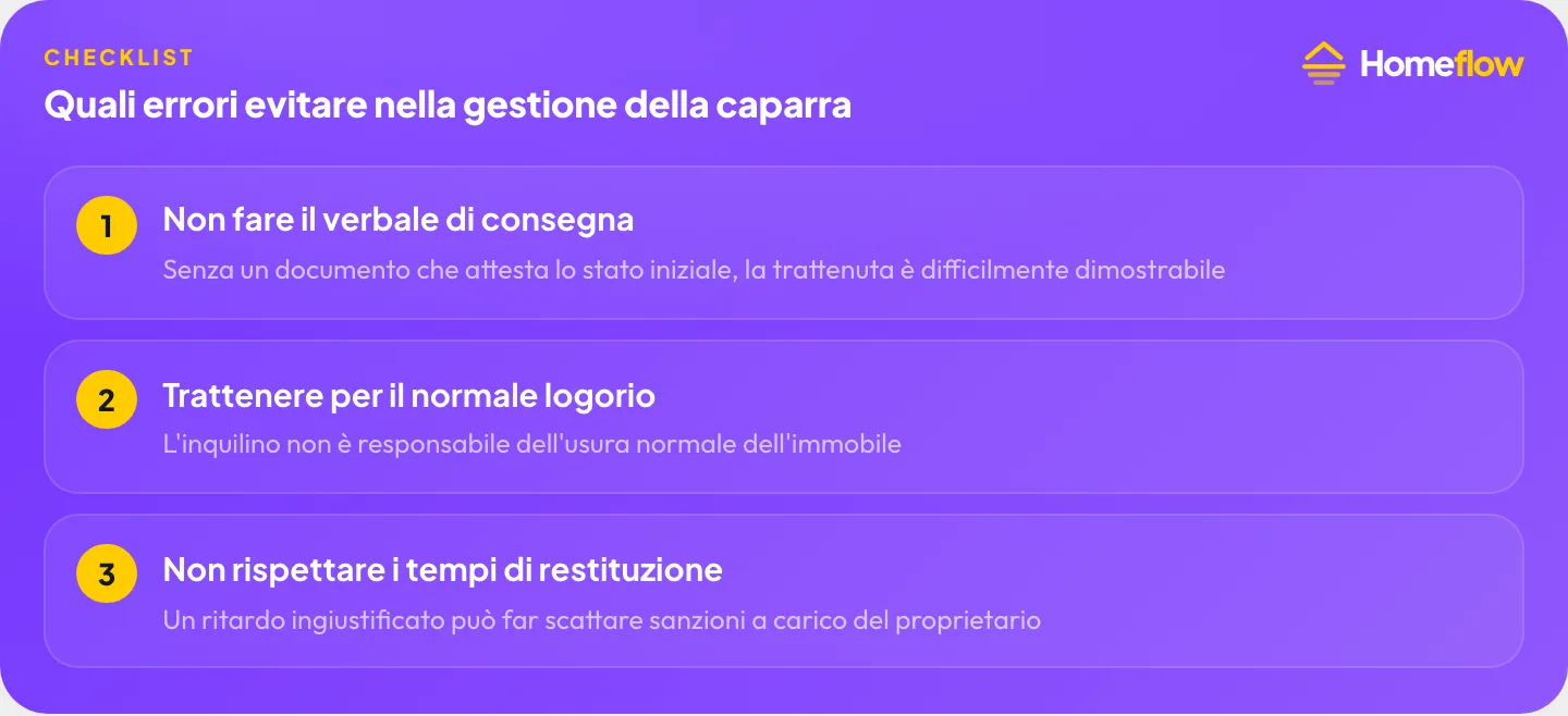 Errori da evitare nella gestione della caparra: non fare il verbale di consegna, trattenere per il normale logorio, non rispettare i tempi di restituzione