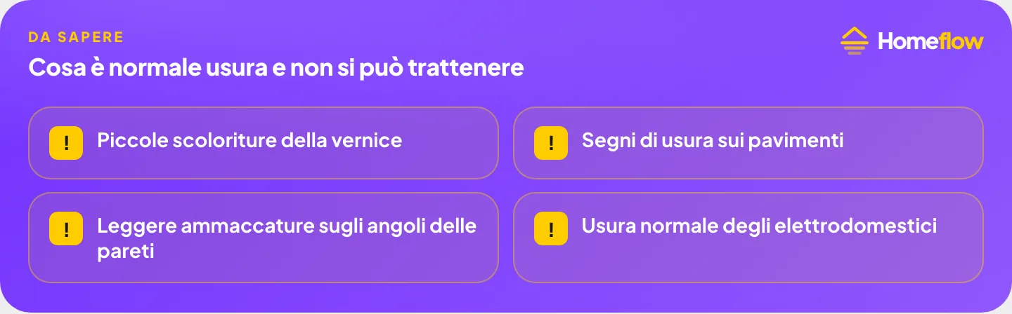 Cosa è considerato normale usura e non giustifica una trattenuta sulla caparra: scoloriture della vernice, usura dei pavimenti, ammaccature agli angoli, usura degli elettrodomestici