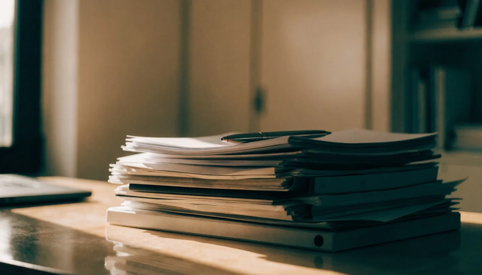 Pila ordinata di cartelline e documenti su una scrivania con una penna, luce naturale calda