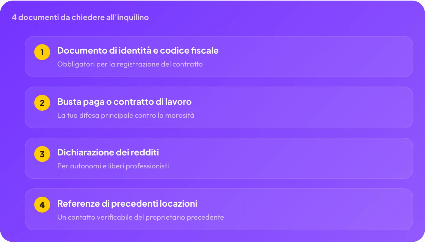 4 documenti da chiedere all’inquilino: documento identità, busta paga, dichiarazione redditi, referenze