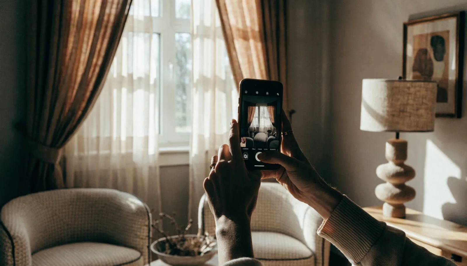 Mani che tengono uno smartphone fotografando un salotto luminoso e ordinato
