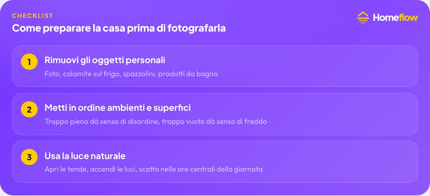 Come preparare la casa prima di fotografarla per l’annuncio: rimuovi gli oggetti personali, metti in ordine ambienti e superfici, usa la luce naturale