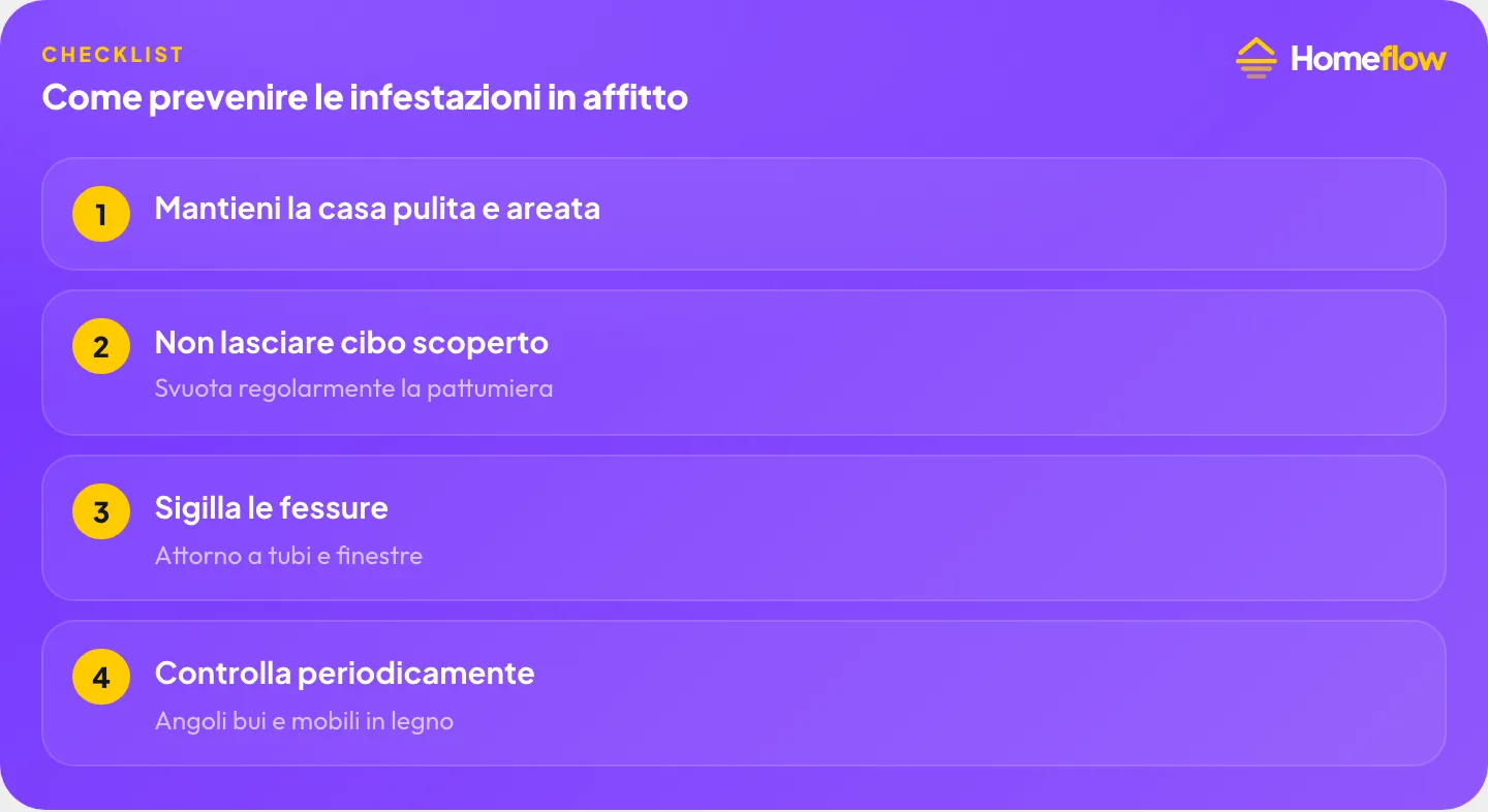 Come prevenire le infestazioni in affitto: casa pulita e areata, cibo non scoperto, fessure sigillate, controllo periodico di angoli bui e mobili in legno