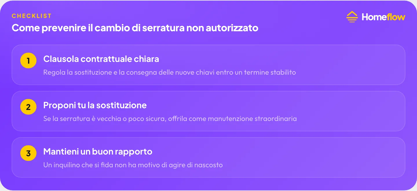 Come prevenire il cambio di serratura non autorizzato: clausola contrattuale, sostituzione proattiva, buon rapporto con l’inquilino Come prevenire il cambio di serratura non autorizzato: clausola contrattuale, sostituzione proattiva, buon rapporto con l’inquilino