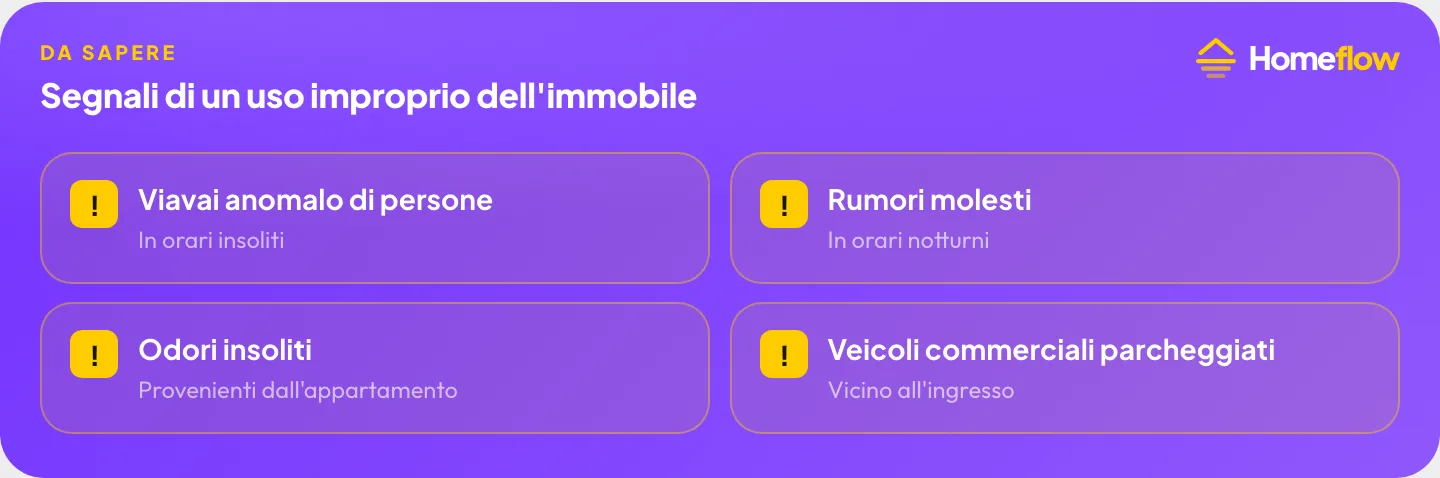 Segnali di un uso improprio dell’immobile in affitto: viavai anomalo di persone, rumori molesti notturni, odori insoliti, veicoli commerciali Segnali di un uso improprio dell’immobile in affitto: viavai anomalo di persone, rumori molesti notturni, odori insoliti, veicoli commerciali