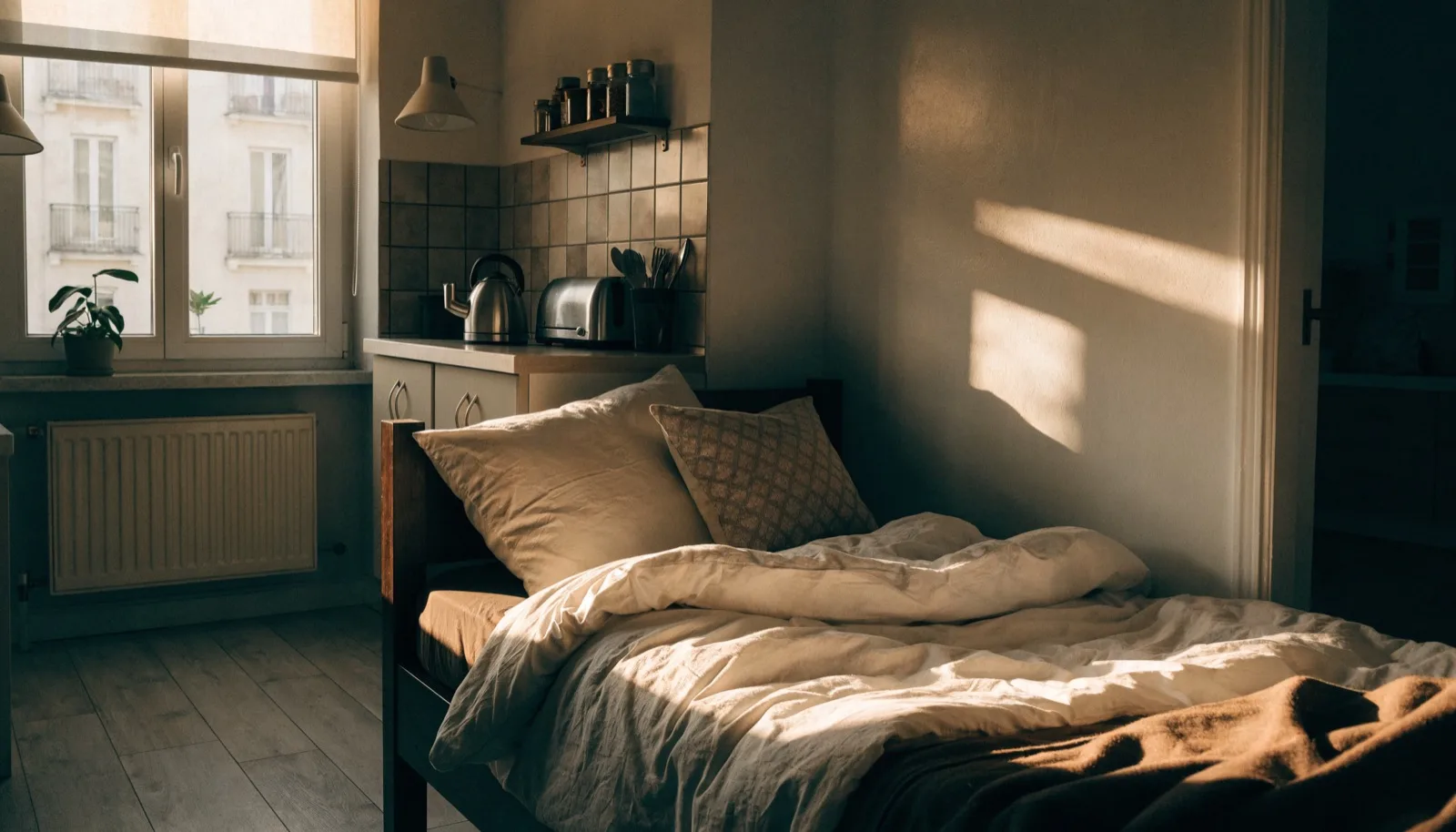 Interno accogliente di un monolocale con letto, angolo cottura e finestra