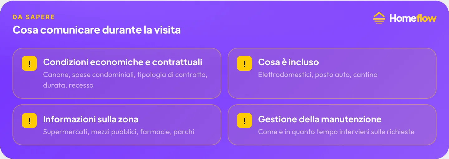 Cosa comunicare durante la visita di affitto: condizioni economiche e contrattuali, cosa è incluso, informazioni sulla zona, gestione della manutenzione