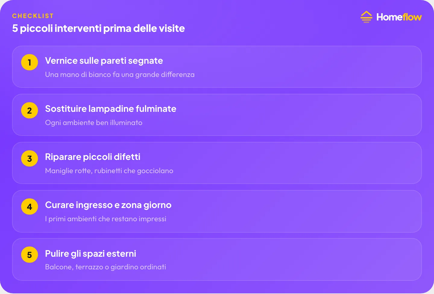 5 piccoli interventi prima delle visite: vernice pareti, lampadine, piccoli difetti, ingresso e zona giorno, spazi esterni