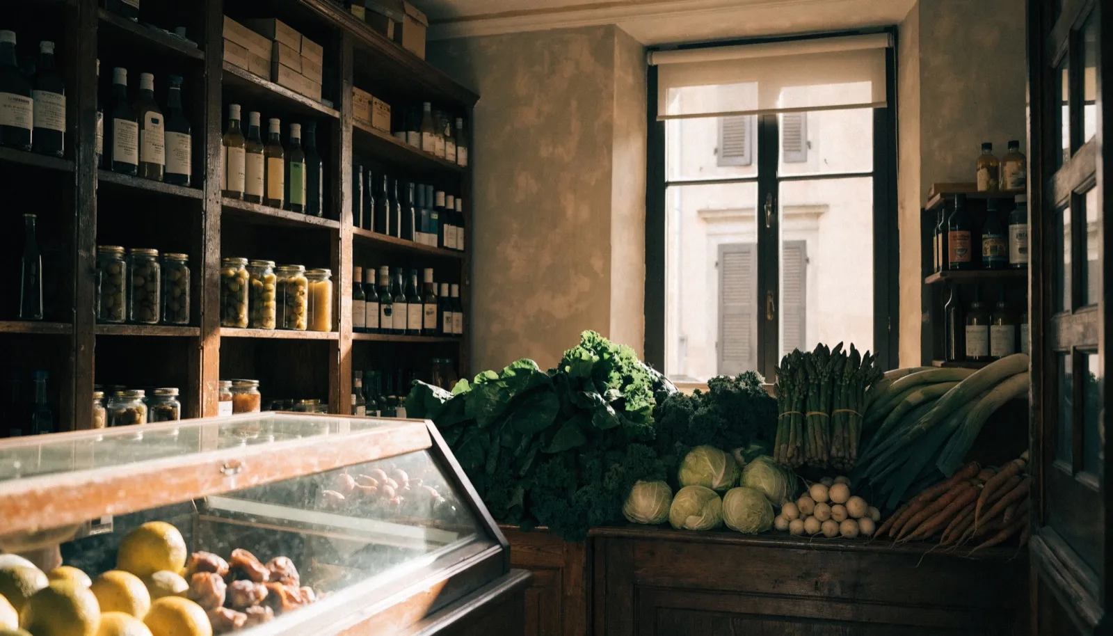 Piccolo negozio di alimentari tradizionale a Bergamo con espositori di frutta e verdura fresca
