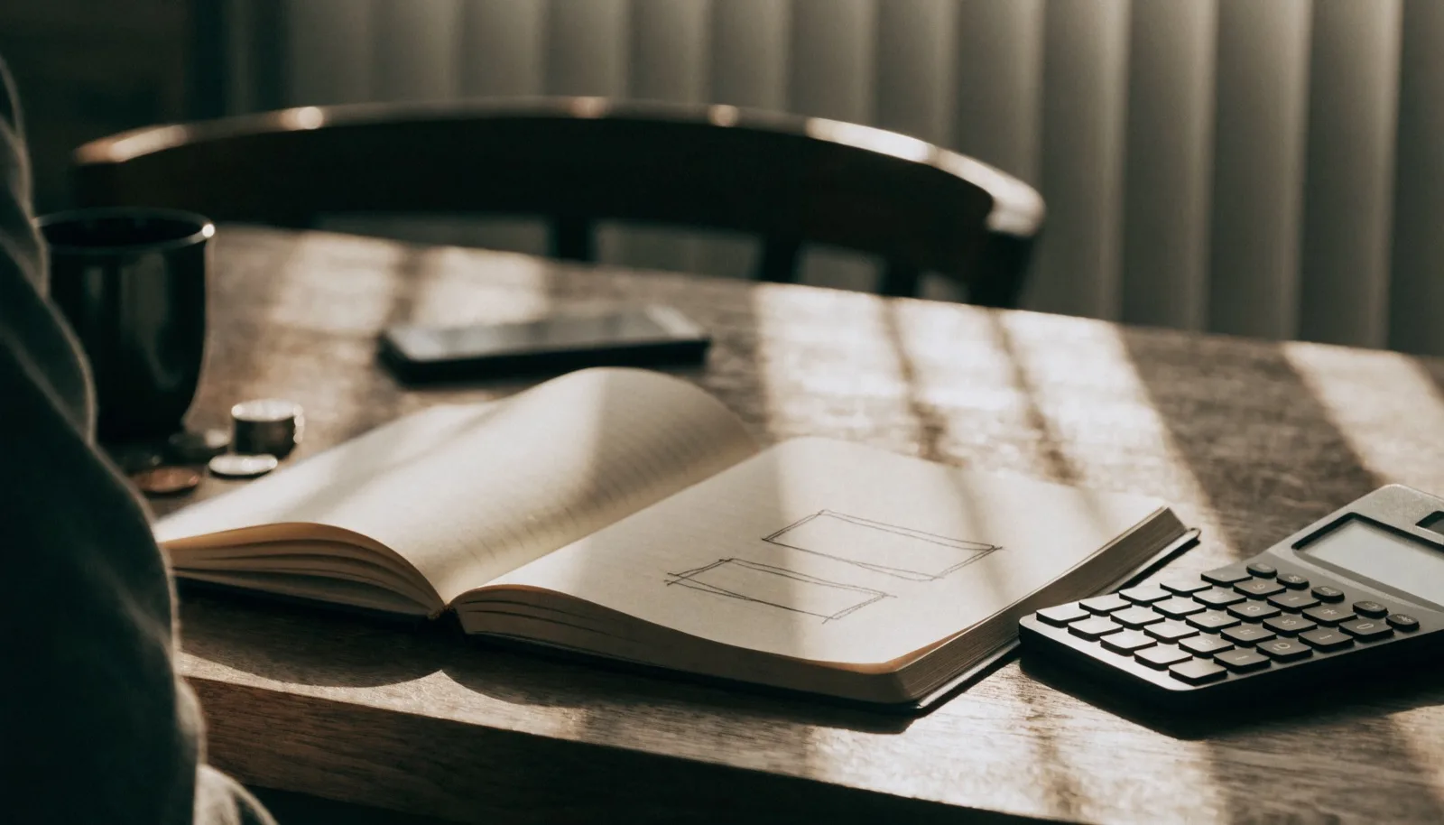 Scrivania con un quaderno con uno schizzo di confronto budget, calcolatrice e monete