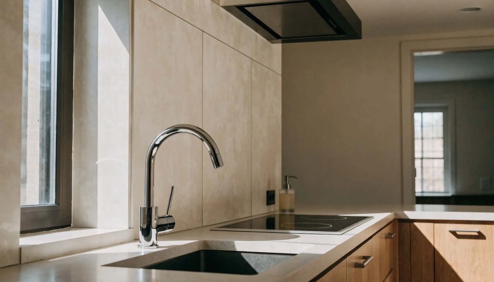 Angolo cucina moderno appena ristrutturato con piani puliti e finiture nuove, luce naturale