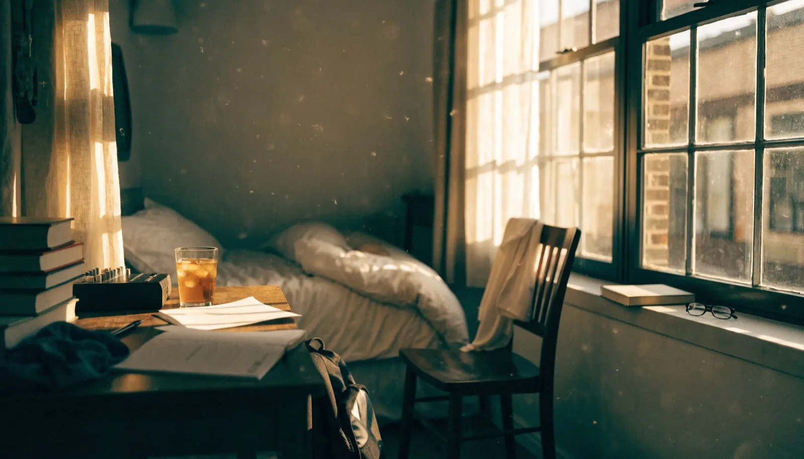 Camera da letto accogliente per studenti con scrivania, libri e uno zaino, luce pomeridiana