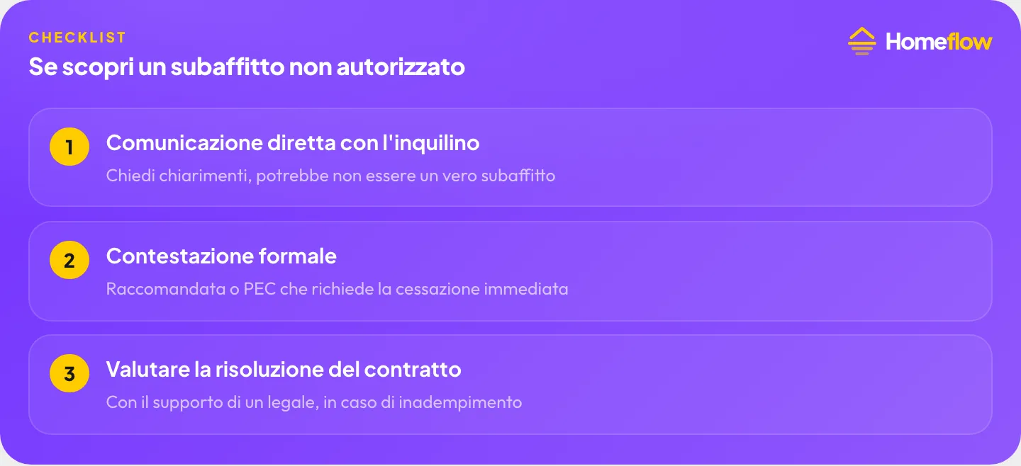 Se scopri un subaffitto non autorizzato: comunicazione diretta, contestazione formale, valutare la risoluzione del contratto Se scopri un subaffitto non autorizzato: comunicazione diretta, contestazione formale, valutare la risoluzione del contratto