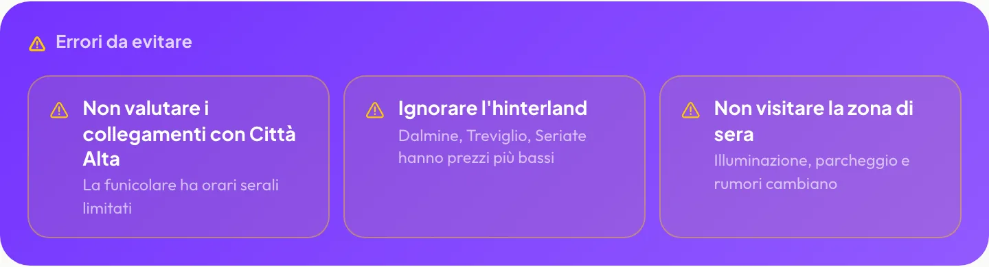 Errori da evitare: Non valutare i collegamenti con Città Alta, Ignorare l’hinterland, Non visitare la zona di sera