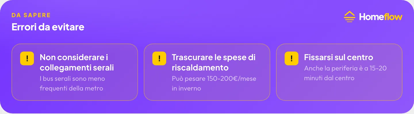 Errori da evitare: Non considerare i collegamenti serali, Trascurare le spese di riscaldamento, Fissarsi sul centro Errori da evitare: Non considerare i collegamenti serali, Trascurare le spese di riscaldamento, Fissarsi sul centro
