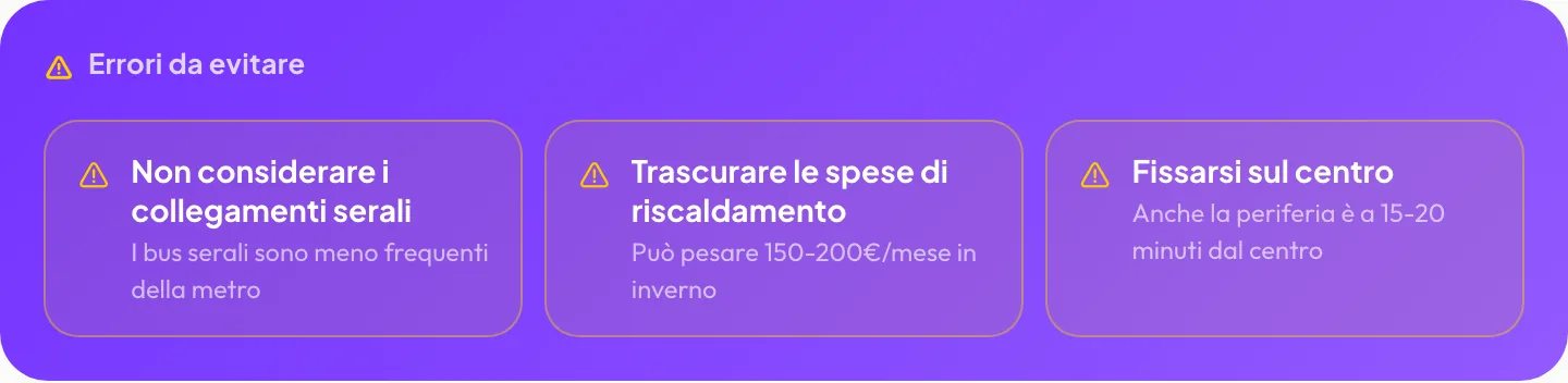 Errori da evitare: Non considerare i collegamenti serali, Trascurare le spese di riscaldamento, Fissarsi sul centro