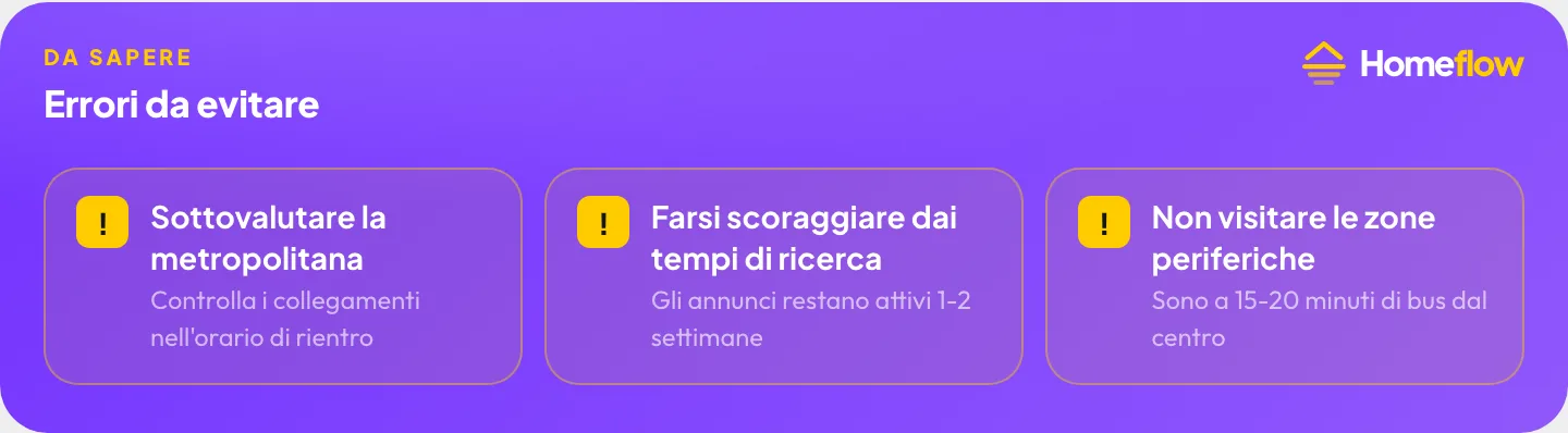 Errori da evitare: Sottovalutare la metropolitana, Farsi scoraggiare dai tempi di ricerca, Non visitare le zone periferiche Errori da evitare: Sottovalutare la metropolitana, Farsi scoraggiare dai tempi di ricerca, Non visitare le zone periferiche