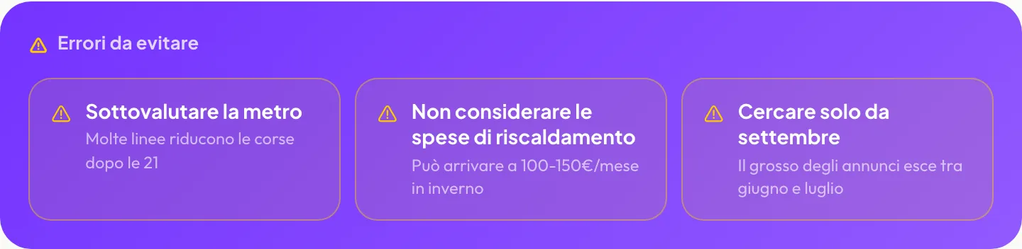 Errori da evitare: Sottovalutare la metro, Non considerare le spese di riscaldamento, Cercare solo da settembre