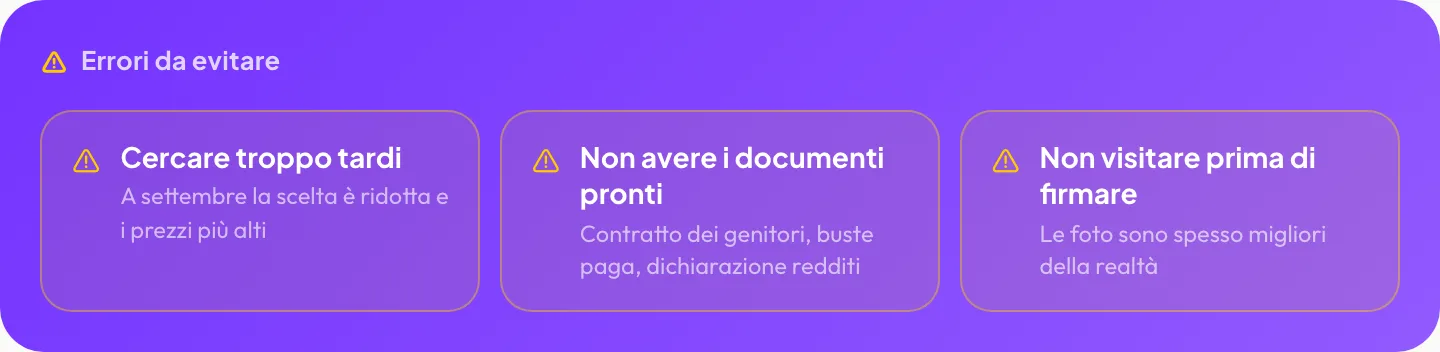 Errori da evitare: Cercare troppo tardi, Non avere i documenti pronti, Non visitare prima di firmare